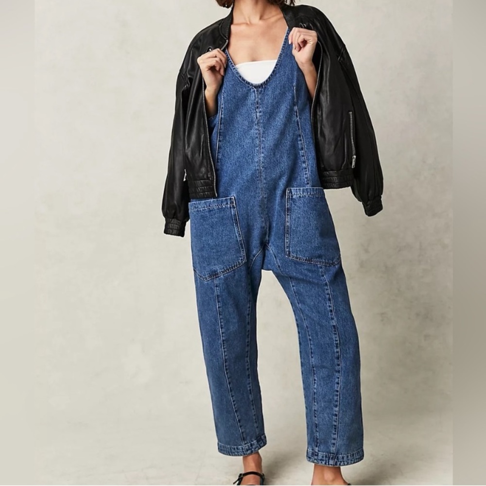 Free People High Roller Denim Jumpsuit Sapphire Blue